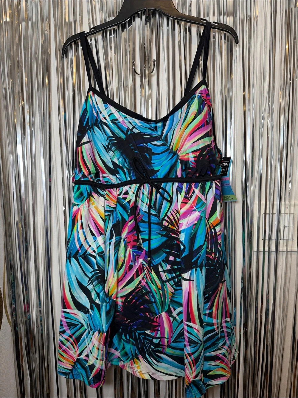 Swim Solutions Multicolor Tropical Leaf One-Piece Swimdress Black Trim 24W NEW - Picture 2 of 7